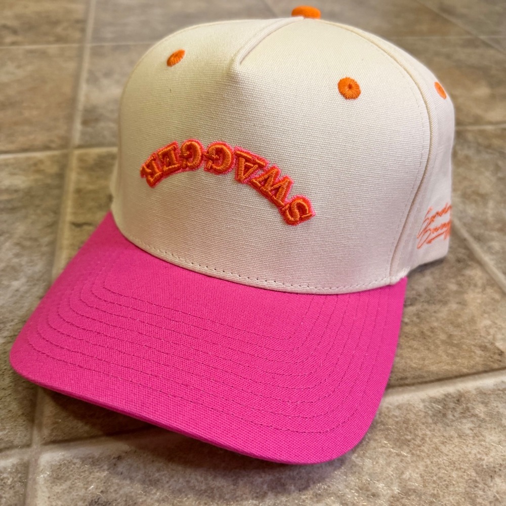 Sunday Swagger Snapback Hat Cream Pink Orange Upside Down Logo Golf Cap OSFM